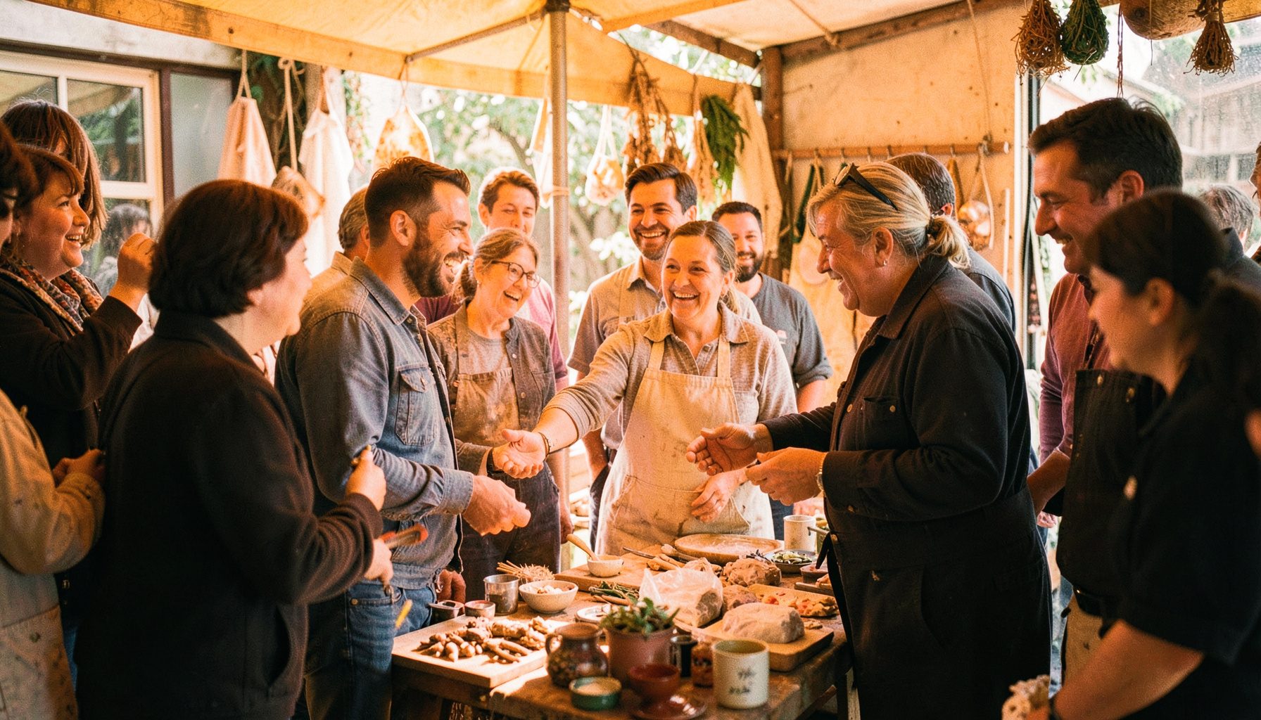 Un groupe de visiteurs échangeant avec un artisan derrière son étal, sourires et gestes animés, lumière naturelle