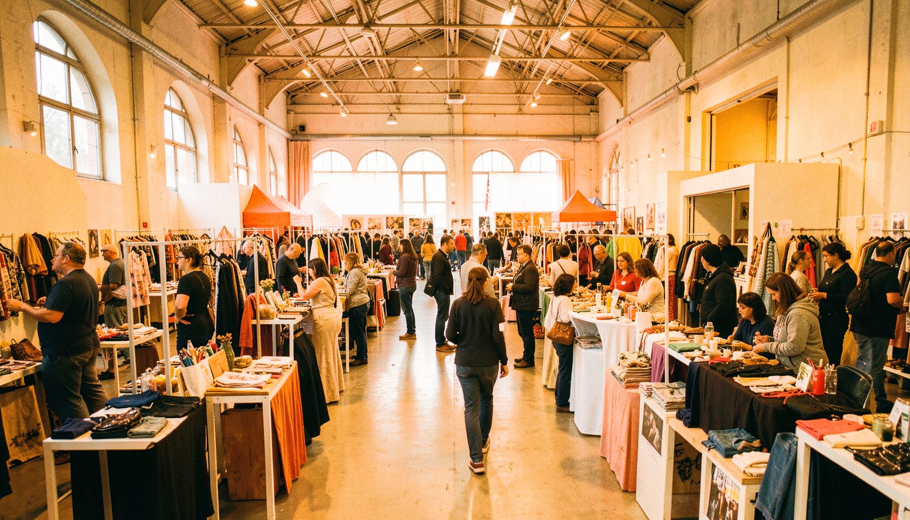Vue d'ensemble d'un marché de créateurs dans une grande salle lumineuse, stands alignés, visiteurs déambulant, ambiance chaleureuse et colorée