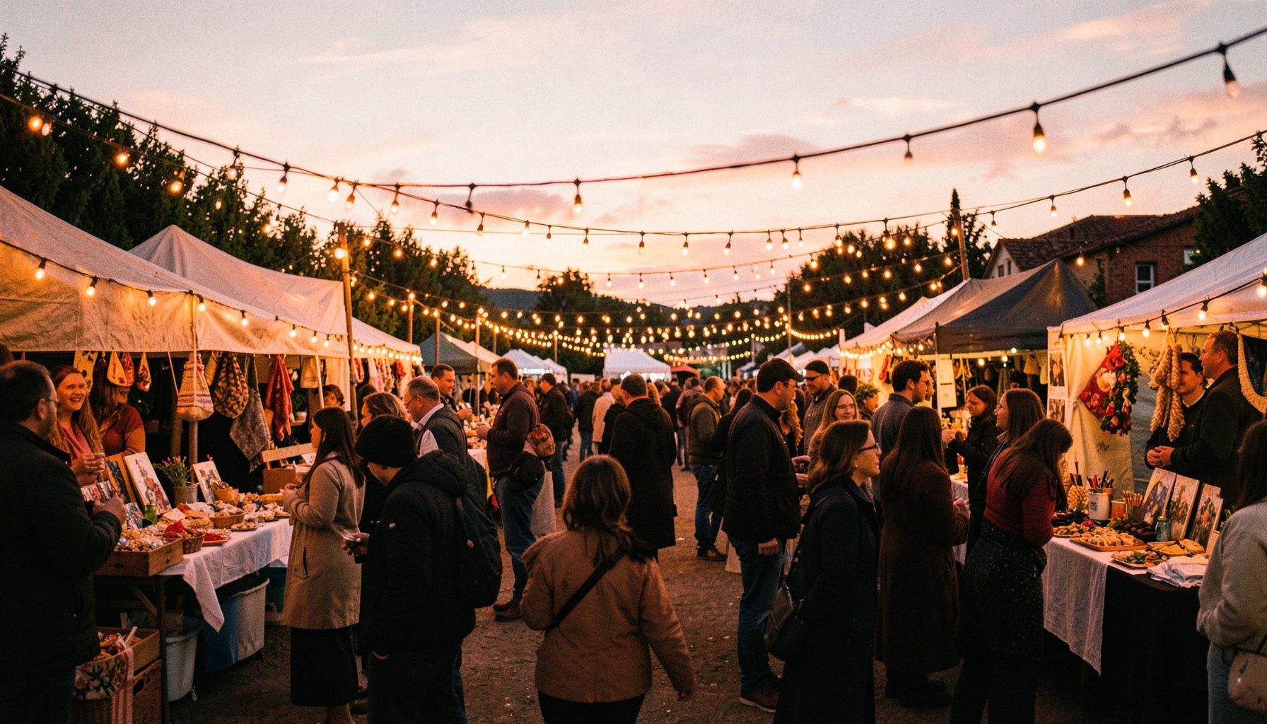 Scène festive en plein air avec guirlandes lumineuses et stands d'artisans sous un ciel de fin d'après-midi, ambiance chaleureuse et conviviale
