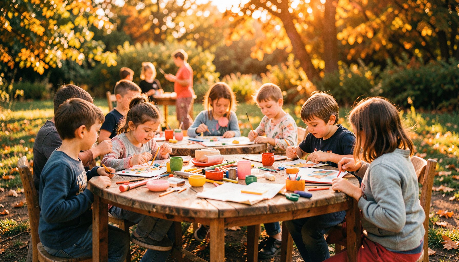 Atelier créatif en extérieur, tables en bois, matériaux colorés et participants concentrés sous une lumière douce de septembre