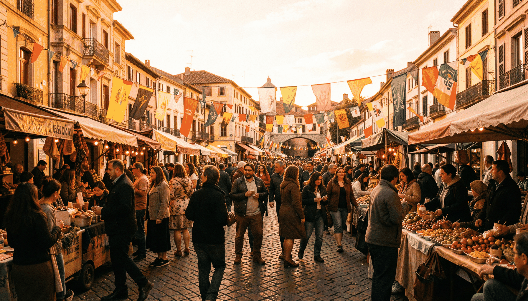 Une place publique animée baignée de lumière dorée, avec des étals de marché artisanal, des bannières colorées et une foule conviviale sous un ciel de fin d'après-midi.